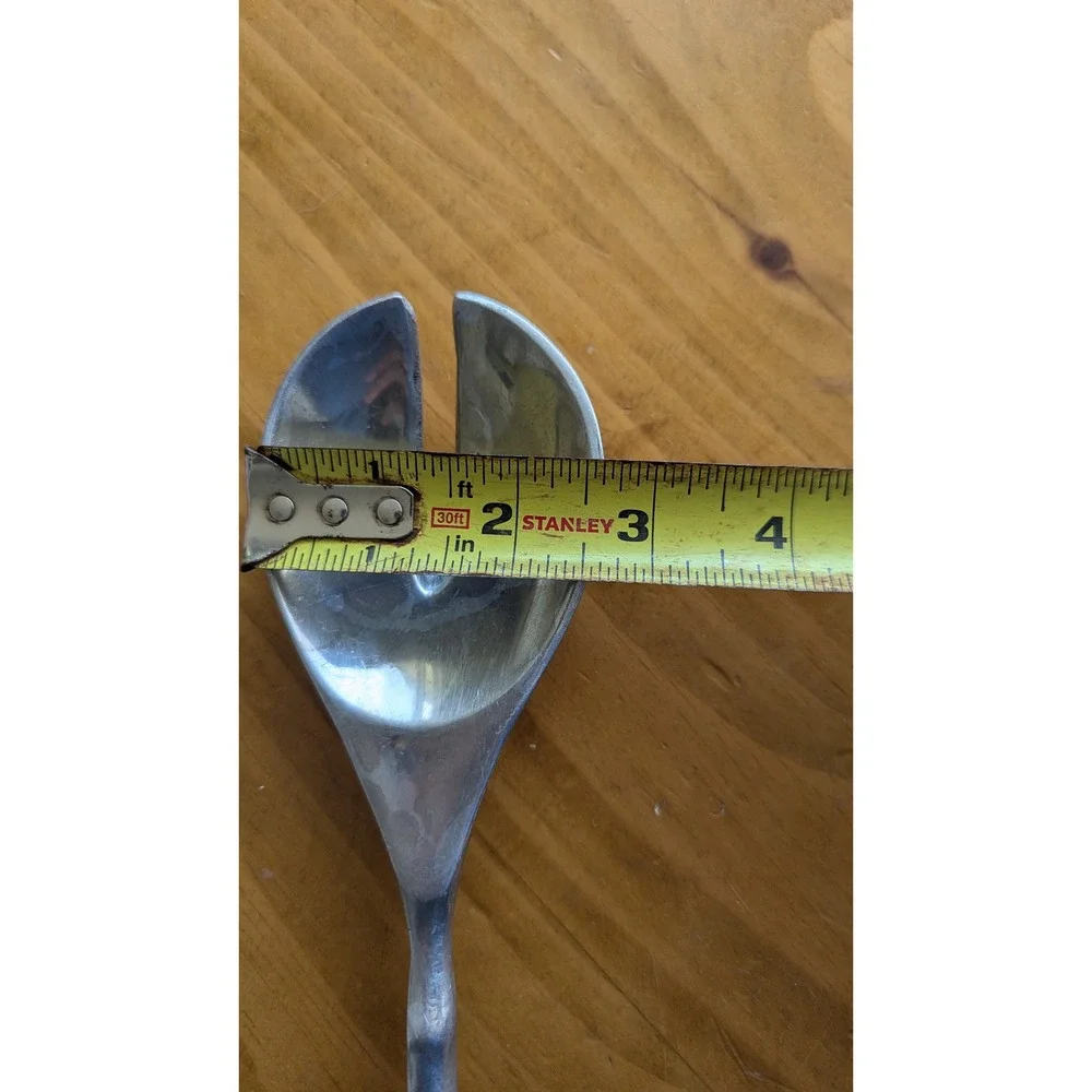 Hammered Metal Salad Serving Fork‎ Long Bamboo Style Handle Silver 15.5 Inch